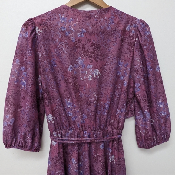 Vintage 70's Purple Flowy Floral Bib Cottage Core Midi Amy-Deb Dress Made in USA - Picture 7 of 16